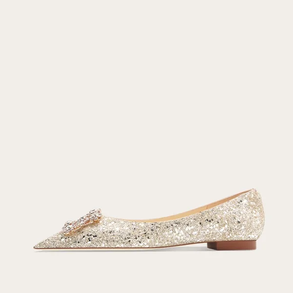 Bling Bling Gold Rhinestone Sequins Flat Wedding Shoes 2024 Pointed Toe Wedding Heels
