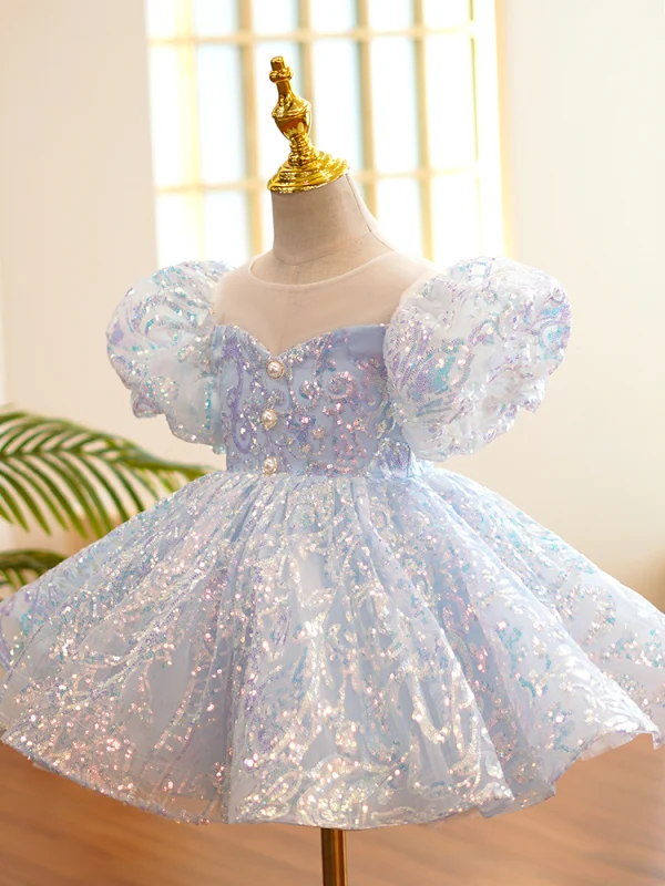 Sparkly Sky Blue Laser Sequins Birthday Short Sleeve Flower Girl Dresses 2022 Ball Gown Scoop Neck Puffy Short Flower Girl Dresses