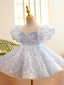 Sparkly Sky Blue Laser Sequins Birthday Short Sleeve Flower Girl Dresses 2022 Ball Gown Scoop Neck Puffy Short Flower Girl Dresses