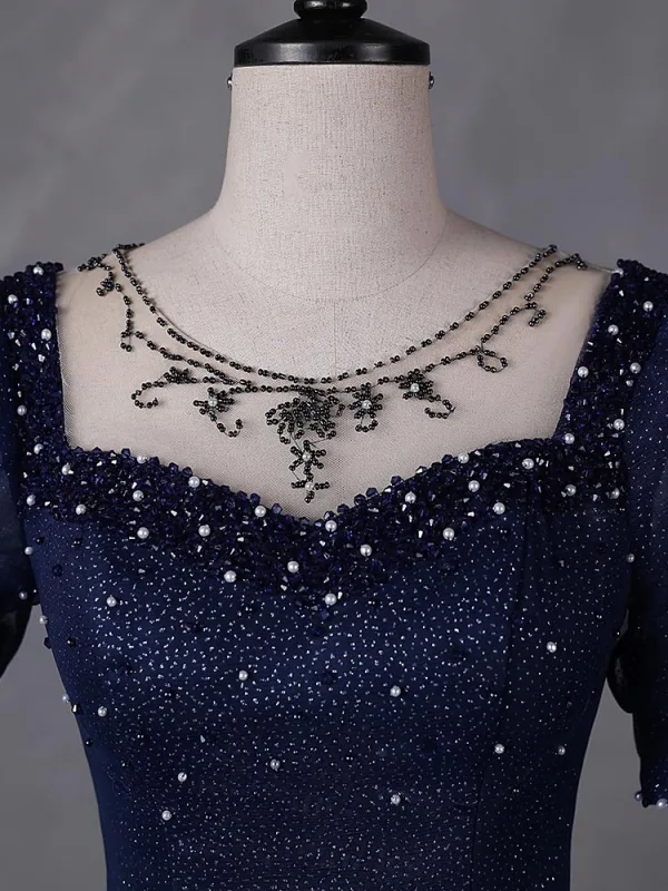 Vintage / Retro Navy Blue Beading Pearl Sequins Prom Dresses 2023 Ball Gown Square Neckline Short Sleeve Backless Floor-Length / Long Prom Formal Dresses