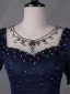 Vintage / Retro Navy Blue Beading Pearl Sequins Prom Dresses 2023 Ball Gown Square Neckline Short Sleeve Backless Floor-Length / Long Prom Formal Dresses