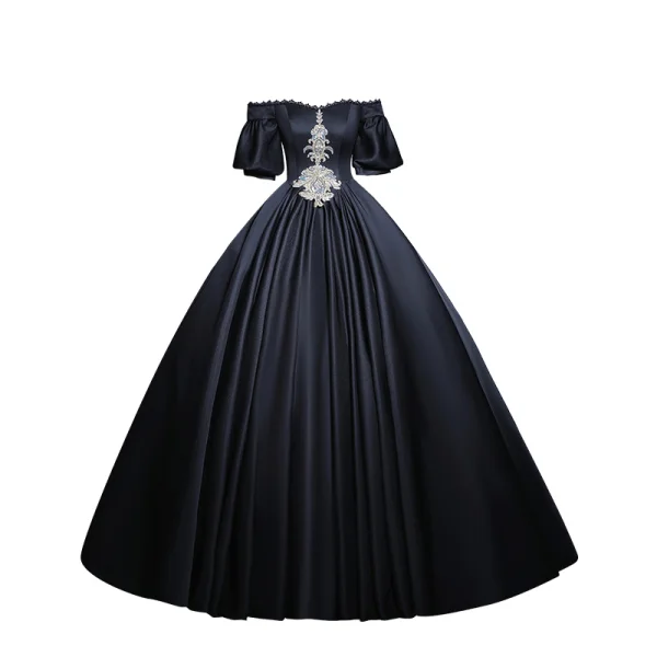 Elegant Black Beading Sequins Lace Flower Prom Dresses 2023 Ball Gown Off-The-Shoulder Short Sleeve Backless Floor-Length / Long Prom Formal Dresses