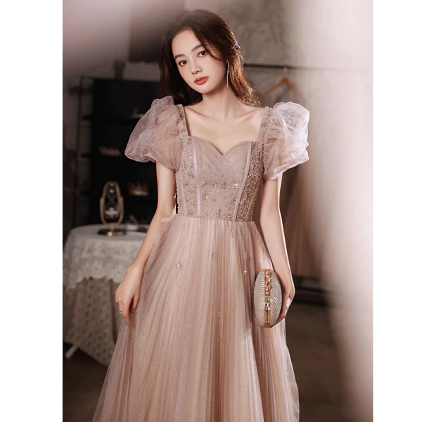 Charmant Rougissant Rose Robe De Bal 2022 Princesse Encolure Carrée Gonflée Manches Courtes Perlage Paillettes Dos Nu Longue Promo Robe De Ceremonie