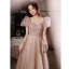 Chic / Beautiful Blushing Pink Beading Sequins Prom Dresses 2022 A-Line / Princess Square Neckline Short Sleeve Backless Floor-Length / Long Formal Dresses