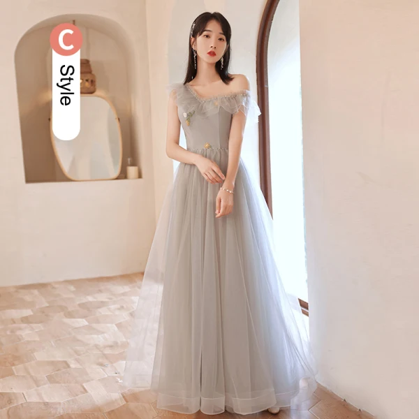 Modest / Simple Grey Lace Flower Bridesmaid Dresses 2023 A-Line / Princess Short Sleeve Backless Floor-Length / Long Bridesmaid Dresses