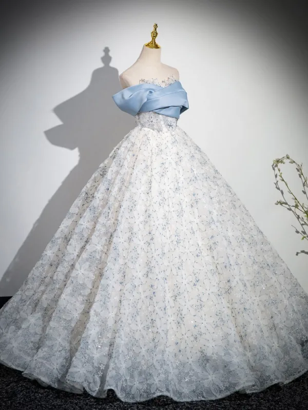 Chic / Beautiful Sky Blue Printing Prom Dresses 2024 Ball Gown Strapless Sleeveless Backless Floor-Length / Long Prom Formal Dresses