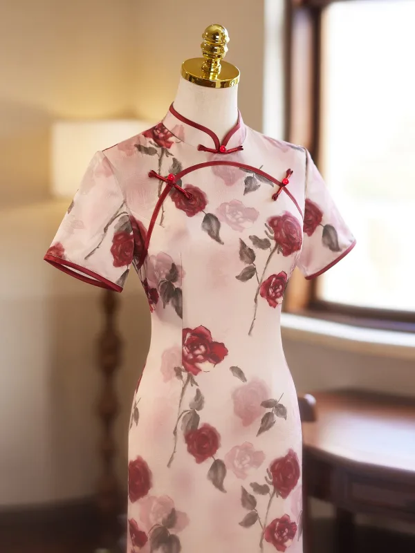 Vintage / Retro Chinese style Blushing Pink Printing Evening Party Cheongsam 2025 Trumpet / Mermaid High Neck Short Sleeve Floor-Length / Long