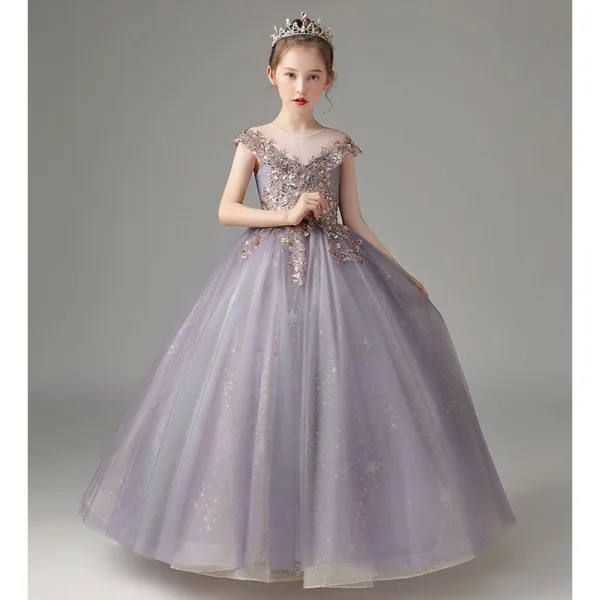 Chic / Beautiful Lavender Beading Sequins Birthday Flower Girl Dresses 2022 Ball Gown Scoop Neck Sleeveless Backless Floor-Length / Long Flower Girl Dresses