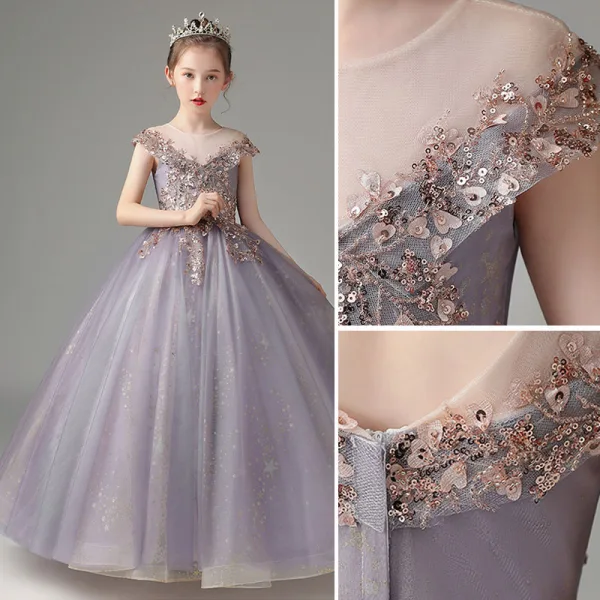 Chic / Beautiful Lavender Beading Sequins Birthday Flower Girl Dresses 2022 Ball Gown Scoop Neck Sleeveless Backless Floor-Length / Long Flower Girl Dresses
