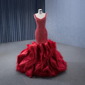 High End Red Handmade Beading Sequins Cascading Ruffles Evening Dresses 2024 Trumpet Mermaid V Neck Sleeveless Backless Floor Length Long Evening Party Formal Dresses
