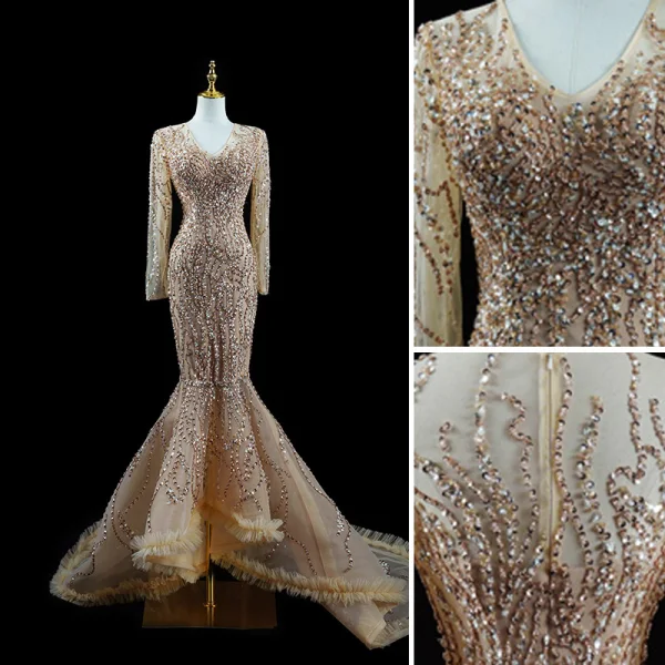 Scintillantes Doré Fait main Perlage Paillettes Robe De Soirée 2023 Trompette / Sirène V-Cou Manches Longues Train De Balayage Soirée Robe De Ceremonie