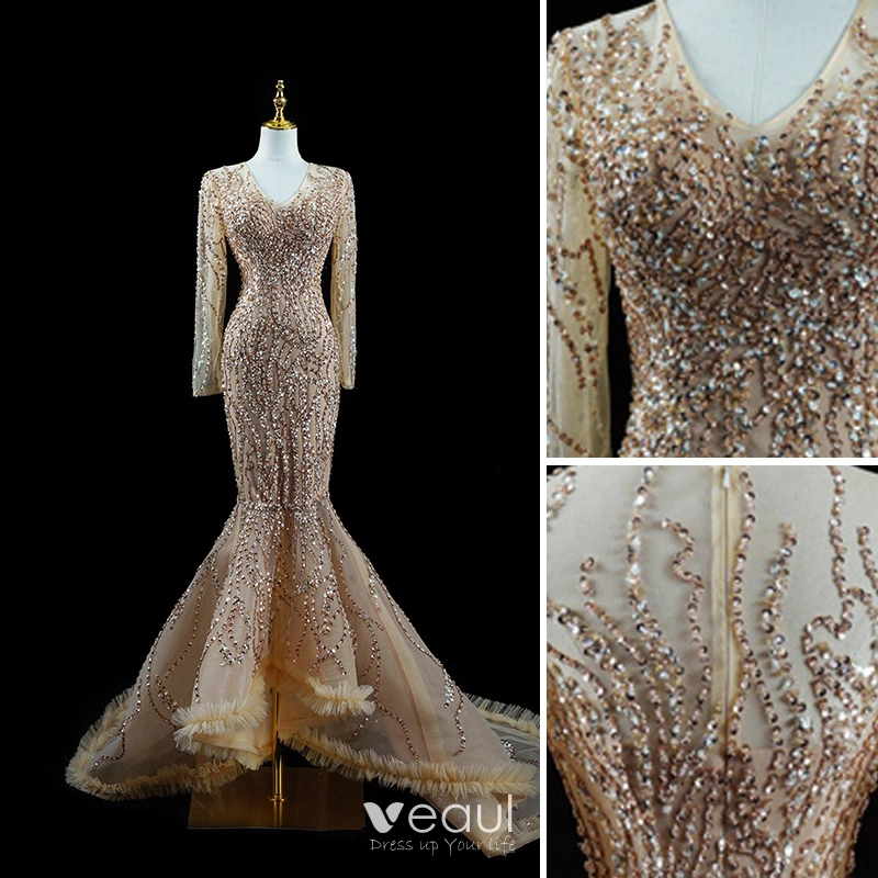 Long Sleeve Sparkle Trumpet Mermaid Gold Party Dress Long Sleeve Sparkle Trumpet Mermaid Gold Party Dress