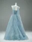 Charming Sky Blue Handmade  Beading Pearl Prom Dresses 2025 A-Line / Princess Strapless Sleeveless Backless Floor-Length / Long Formal Dresses