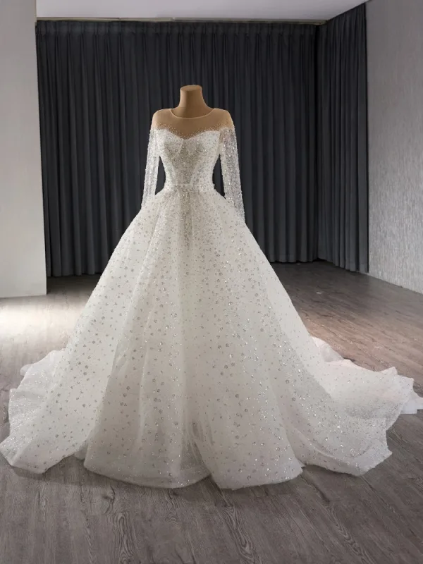 High-end White Handmade  Beading Sequins Wedding Dresses 2024 Trumpet / Mermaid Scoop Neck Long Sleeve Court Train Wedding