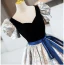 Elegant Navy Blue Embroidered Bow Sash Prom Dresses 2024 Ball Gown V-Neck Puffy Short Sleeve Floor-Length / Long Prom Formal Dresses