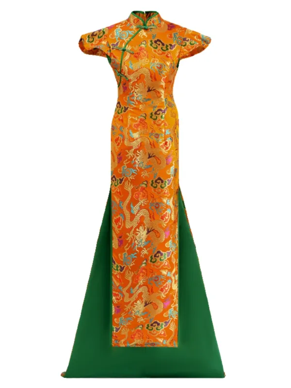 Chinese style Gold Embroidered Satin Split Front Evening Party Cheongsam 2024 Trumpet / Mermaid High Neck Cap Sleeves Sweep Train