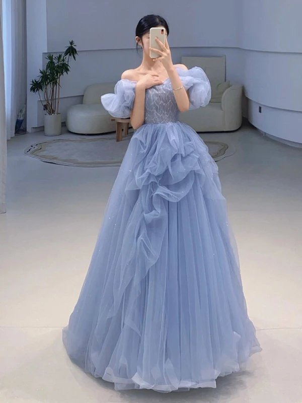 Chic / Beautiful Sky Blue Sequins Cascading Ruffles Prom Dresses 2023 A-Line / Princess Off-The-Shoulder Ruffle Short Sleeve Backless Floor-Length / Long Prom Formal Dresses