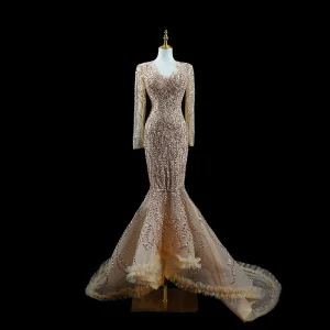 Scintillantes Doré Fait Main Perlage Paillettes Robe De Soirée 2023 Trompette Sirène V Cou Manches Longues Train De Balayage Soirée Robe De Ceremonie