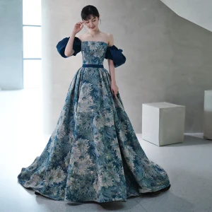 Fashion Pool Blue Printing Prom Dresses 2022 A Line Princess Strapless Puffy Short Sleeve Backless Sash Sweep Train Formal Dresses