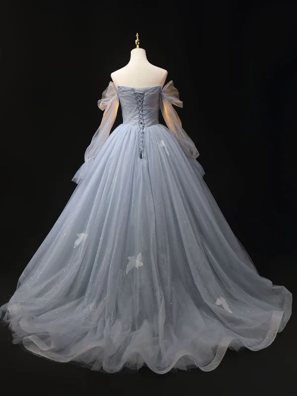Fashion Sky Blue Lace Flower Prom Dresses 2024 Ball Gown Off-The-Shoulder Long Sleeve Backless Floor-Length / Long Formal Dresses
