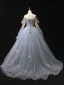 Fashion Sky Blue Lace Flower Prom Dresses 2024 Ball Gown Off-The-Shoulder Long Sleeve Backless Floor-Length / Long Formal Dresses
