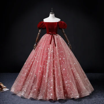 Elegant Burgundy Prom Dresses 2022 Ball Gown Off The Shoulder Puffy Short Sleeve Bow Sash Backless Floor Length Long Formal Dresses