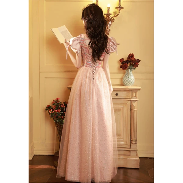 Fashion Pearl Pink Sequins Evening Dresses A-Line / Princess 2023 Square Neckline Bow Short Sleeve Backless Floor-Length / Long Evening Party Formal Dresses