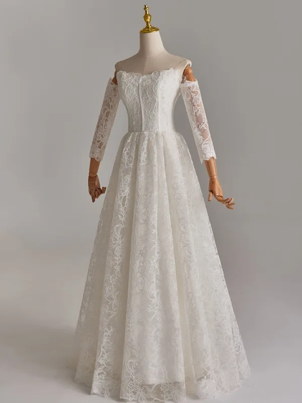 Modest / Simple White Lace Flower Pearl Wedding Dresses 2025 A-Line / Princess Off-The-Shoulder Long Sleeve Backless Floor-Length / Long