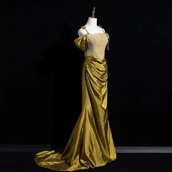 Élégant Armée Verte Trompette / Sirène Robe De Bal 2026 Bretelles Spaghetti Manches Courtes Dos Nu Train De Balayage Promo Robe De Ceremonie