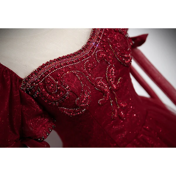 Elegant Burgundy Beading Rhinestone Prom Dresses 2023 A-Line / Princess Scoop Neck Puffy Short Sleeve Backless Floor-Length / Long Formal Dresses