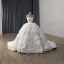 High-end Luxury / Gorgeous White Beading Pearl Rhinestone Ruffle Flower Wedding Dresses 2025 Ball Gown Strapless Sleeveless Backless Chapel Train
