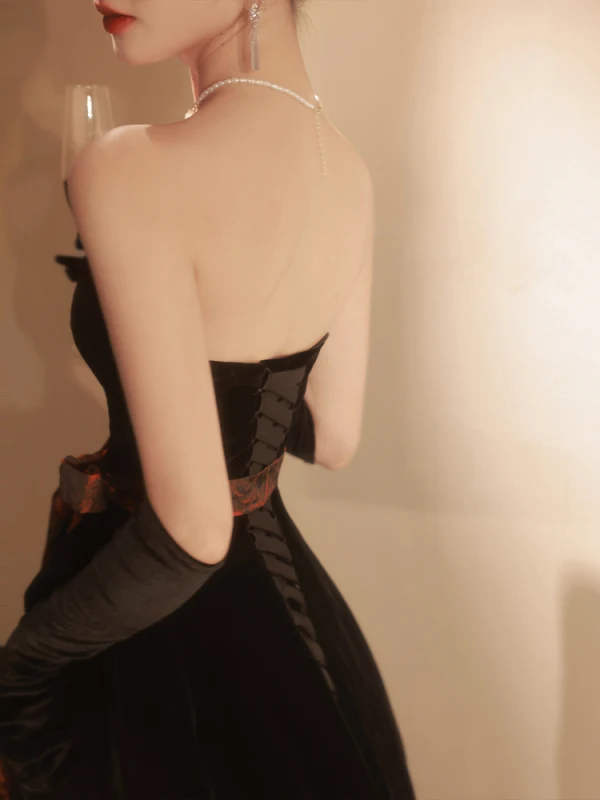 Charming Black Suede Evening Dresses 2023 A-Line / Princess Strapless Sleeveless Bow Sash Backless Floor-Length / Long Evening Party Formal Dresses
