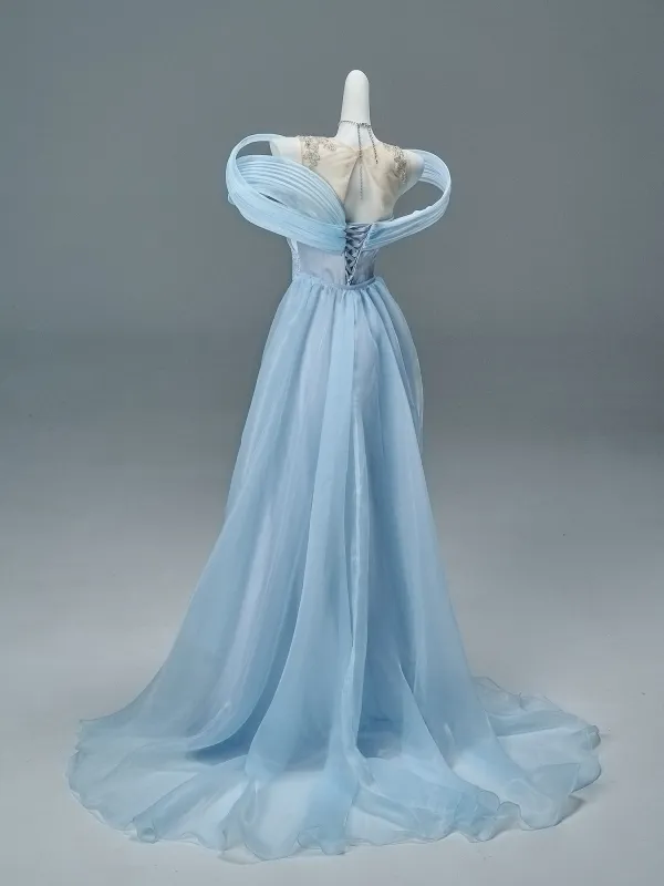 Fashion Sky Blue Beading Sequins Satin Prom Dresses 2026 A-Line / Princess Off-The-Shoulder Sleeveless Backless Sweep Train Formal Dresses