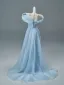 Fashion Sky Blue Beading Sequins Satin Prom Dresses 2026 A-Line / Princess Off-The-Shoulder Sleeveless Backless Sweep Train Formal Dresses