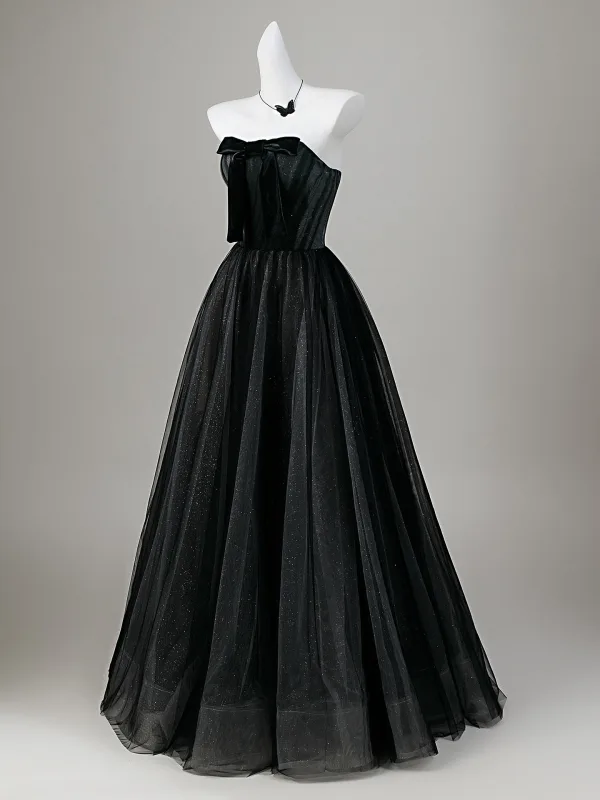 Fashion Black Bow Glitter Party Dresses 2026 Crossed Straps A-Line / Princess Strapless Sleeveless Backless Floor-Length / Long Cocktail Party Evening Party Formal Dresses