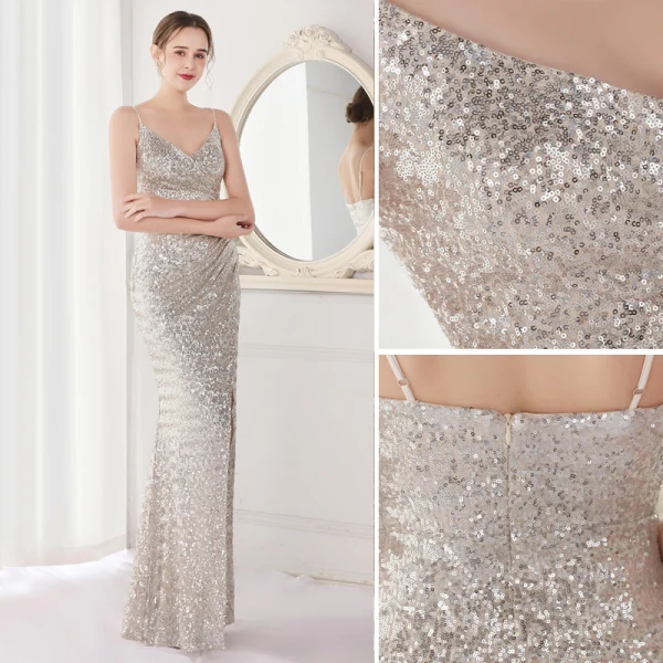 Sexy Beige Paillettes Robe De Soirée 2022 Trompette / Sirène Bretelles Spaghetti Sans Manches Dos Nu Longue Soirée Robe De Ceremonie