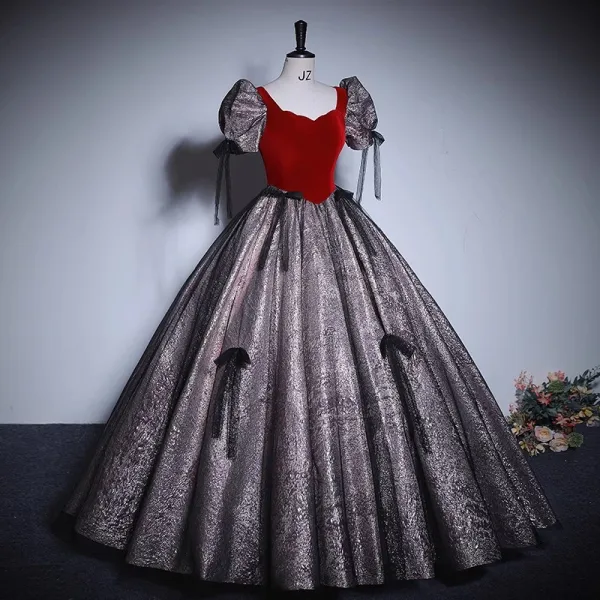 Elegant Burgundy Glitter Prom Dresses 2023 Ball Gown Square Neckline Short Sleeve Backless Bow Floor-Length / Long Prom Formal Dresses