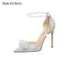 Charming Silver Crystal Glitter Wedding Shoes 2023 Leather Beading Ankle Strap 10 cm Stiletto Heels Pointed Toe Wedding Sandals High Heels