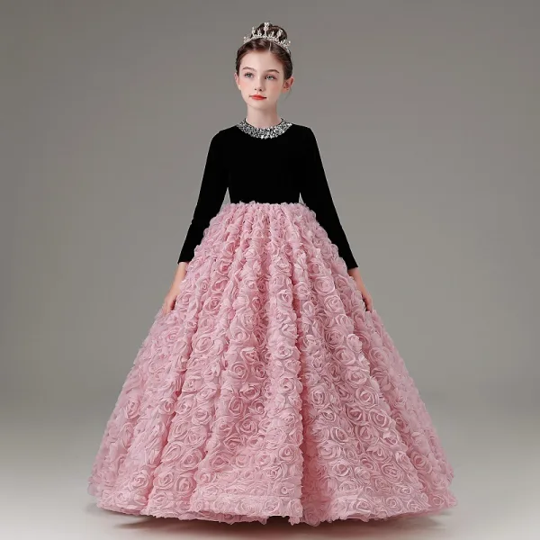 Chic / Beautiful Blushing Pink Appliques Sequins Birthday Flower Girl Dresses 2025 Ball Gown Scoop Neck Long Sleeve Floor-Length / Long