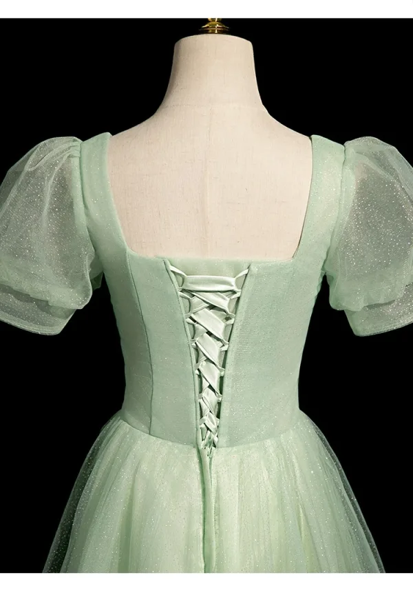 Chic / Beautiful Sage Green Glitter Prom Dresses 2024 A-Line / Princess Square Neckline Short Sleeve Backless Floor-Length / Long Prom Formal Dresses