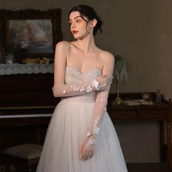 Elegant White Appliques Lace Flower Wedding Bridal Gloves 2025 Tulle