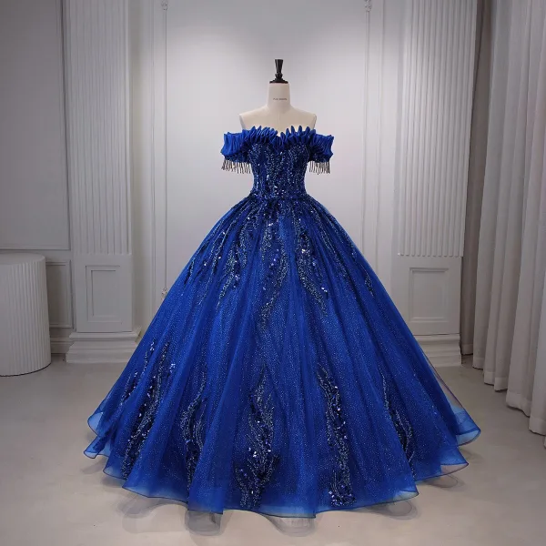 High-end Sky Blue Beading Pearl Sequins Tassel Prom Dresses 2026 Ball Gown Off-The-Shoulder Sleeveless Backless Floor-Length / Long Formal Dresses
