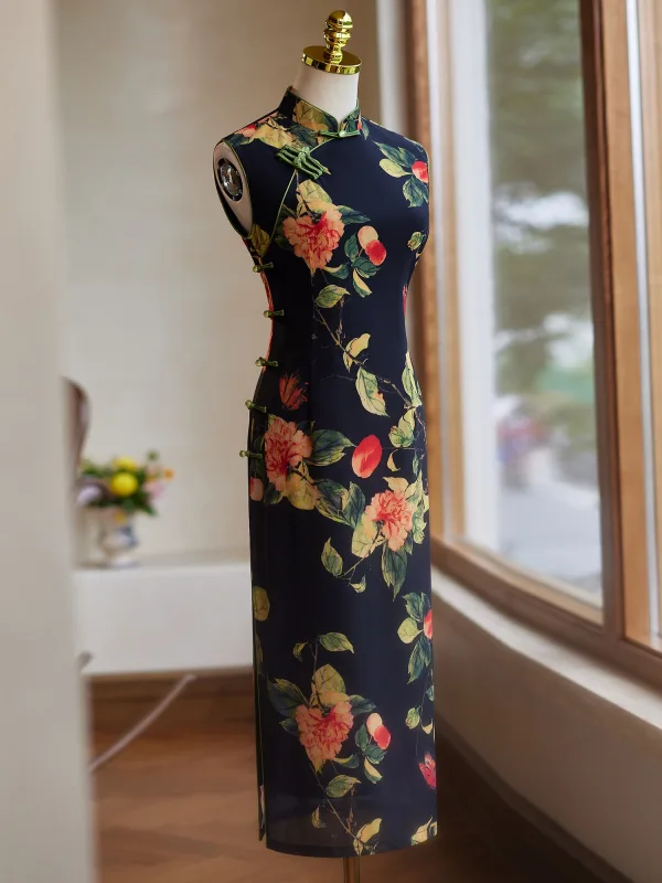 Style Chinois Vintage / Originale Noire Impression Cheongsam 2024 Trompette / Sirène Col Haut Sans Manches Thé Longueur