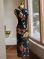 Style Chinois Vintage / Originale Noire Impression Cheongsam 2024 Trompette / Sirène Col Haut Sans Manches Thé Longueur