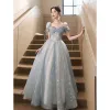 Chic / Beautiful Sky Blue Beading Lace Flower Butterfly Prom Dresses 2023 A-Line / Princess Square Neckline Short Sleeve Backless Floor-Length / Long Prom Formal Dresses