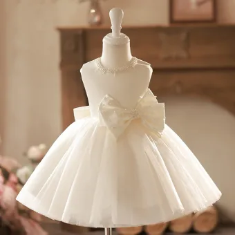 Élégant Champagne Noeud Perle Courte Anniversaire Robe Ceremonie Fille 2024 Robe Boule Encolure Dégagée Sans Manches Tulle