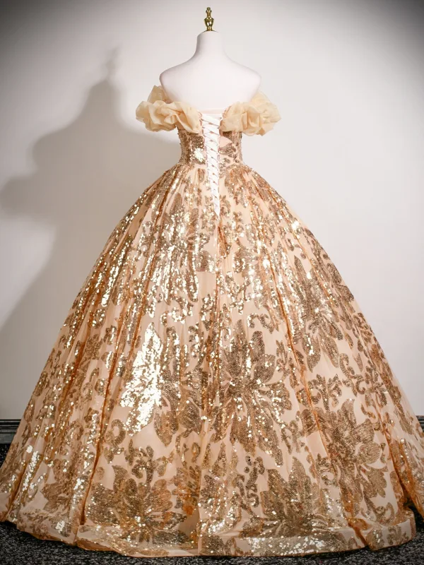 Sparkly Champagne Sequins Prom Dresses 2025 Ball Gown Ruffle Off-The-Shoulder Short Sleeve Backless Floor-Length / Long Formal Dresses