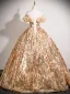 Sparkly Champagne Sequins Prom Dresses 2025 Ball Gown Ruffle Off-The-Shoulder Short Sleeve Backless Floor-Length / Long Formal Dresses