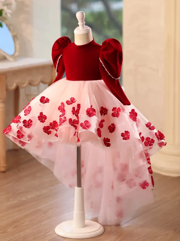 Chic / Belle Bordeaux Appliques Asymétrique Anniversaire Robe Ceremonie Fille 2025 Robe Boule Col Haut Gonflée Manches Longues