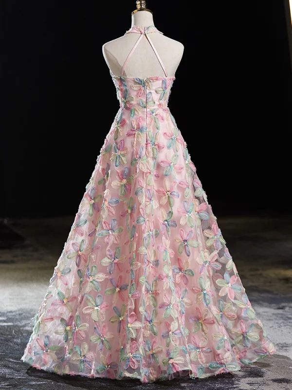 Flower Fairy Multi-Colors Flower Prom Dresses 2024 A-Line / Princess High Neck Sleeveless Backless Floor-Length / Long Prom Formal Dresses
